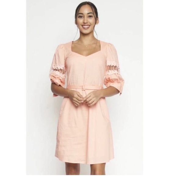 NWT Esley dress peach color, lace detail, lined sizes S/M/L removable belt - Picture 1 of 3